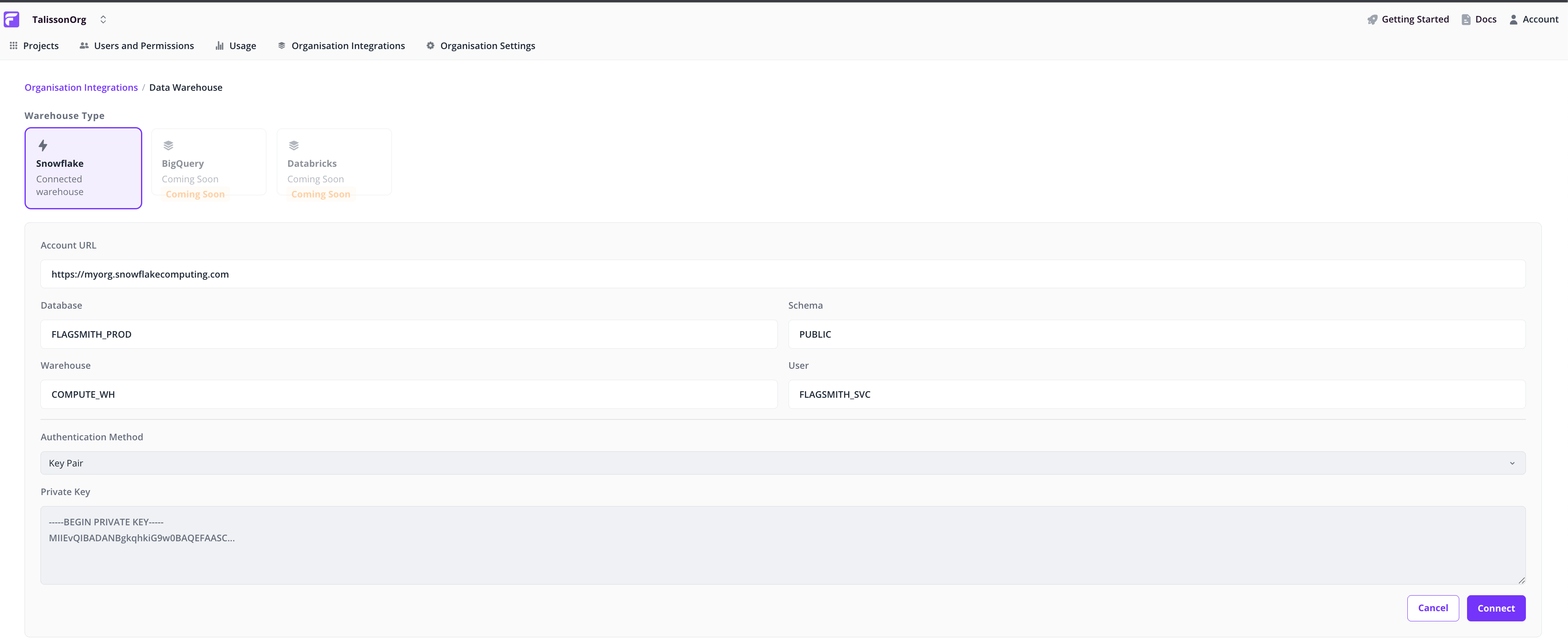 Configuration form showing the Snowflake / BigQuery / Databricks selector cards